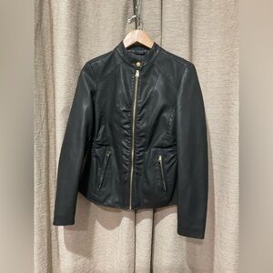 Baccini Black Faux Leather Jacket with Gold Accents, Size Small